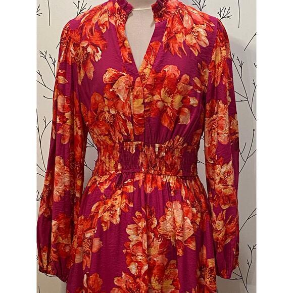 NWT ODDY Flirty Floral Ruffle Neck Midi Dress MEDIUM Flowy Balloon Sleeves NEW - Picture 4 of 8